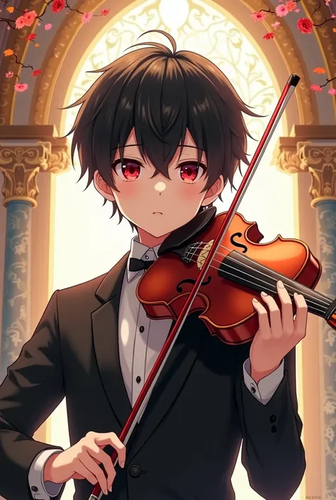 A handsome anime boy playing violin. Black hair, red eyes, cute, fancy looking