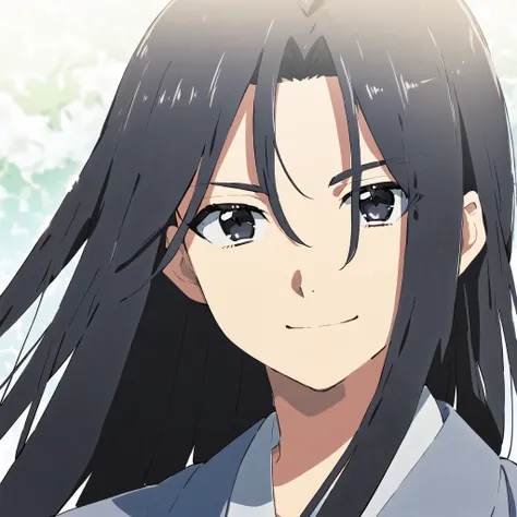 anime image, japanese, male, young , straight hair down, long hair, black hair, black eyes, smiling 