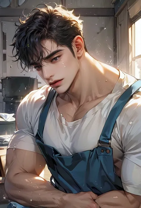 (high quality,high resolution,high detail,masterpiece:1.2), Delicate eyes and delicate face, 1 boy, 18 years old, handsome face, pure and cute face, Detailed face, white T-shirt, Blue apron, cute, Male focus, muscular, muscular male, Chest muscles, black s...