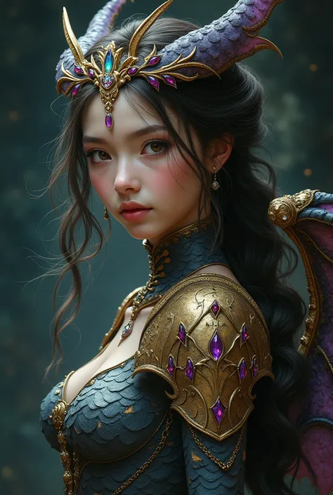 ultra realistic, digital portrait, an absolutely gorgeous young enticing woman with long flyaway wavy hair, celestial, thin, stylistic, dragon scale armor, jeweled crown, shadowy, sassy, whimsical, colorful, fantasy, intricate, meticulously detailed, maste...