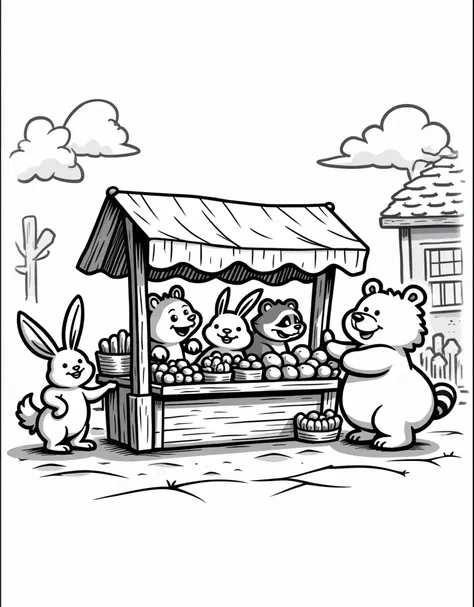 OUTLINE (  black and white image ) 
,  cartoon animals selling fruit 