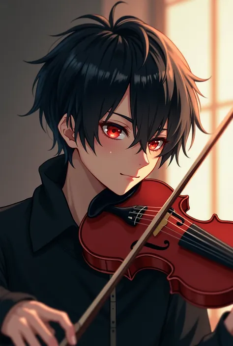 A handsome anime boy playing violin. Black hair, red eyes, hot, cute, sleepy looking, wearing emo-style cozy clothing