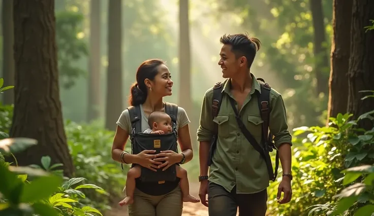 A photorealistic scene of Ayu and Dika walking through the lush Kalimantan forest, surrounded by towering trees and vibrant greenery. Ayu, wearing comfortable and practical clothing, smiles warmly as she gazes at the trees, her love for nature evident in h...