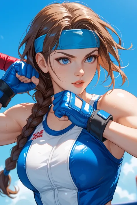 Female Fighter、 anatomically correct、 upper body up 、front、 single braid、blue、Headband、 arm cover、Brown Hair、((blue fighting suit ))、gloves