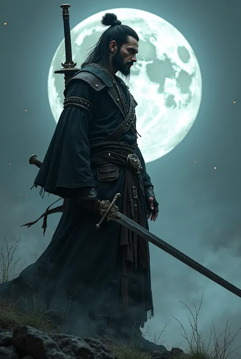 A man in black robes、holding a sword and standing in front of a full moon, very beautiful 赛博朋克warrior, Inspired by Kano Hoya , 赛博朋克warrior, warrior, warrior风格, 史诗般的warrior战士, warrior绝地, Ax and Bloodborne World,  日本warrior, 作为warrior, warrior男子流浪汉, swordsma...