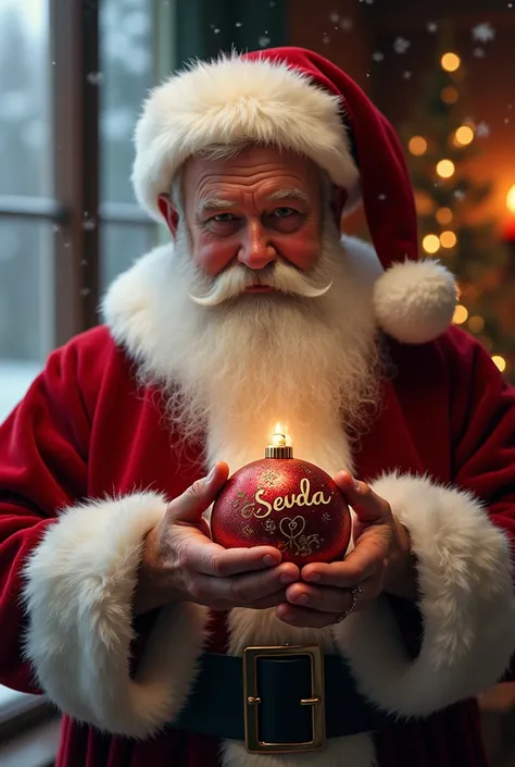  Santa Claus holding a Christmas tree ornament in his hands.  The ornament has the inscription SEVDA. Realistic