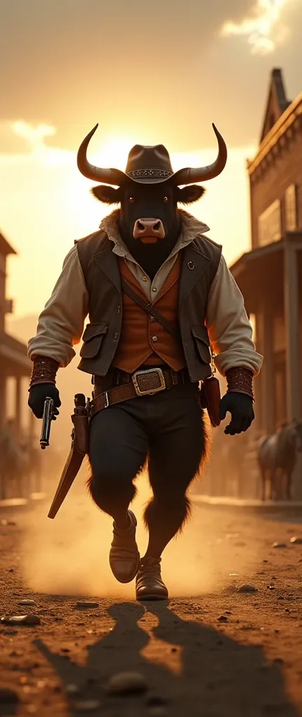 A realistic anthropomorphic bull in a tense and exciting atmosphere, dressed in typical American Old West attire including a leather vest, cowboy hat and boots with spurs, strides confidently through a classic Old West town. The town features wooden saloon...