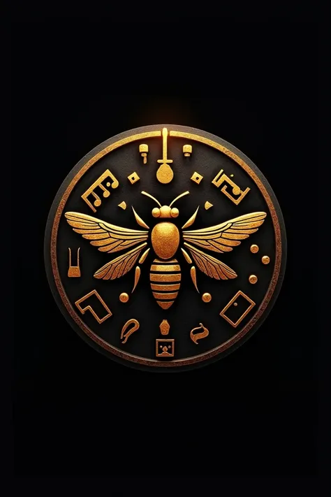 Round logo that carries around hieroglyphics of gold music for Honey bees on a black background called Melikùa 