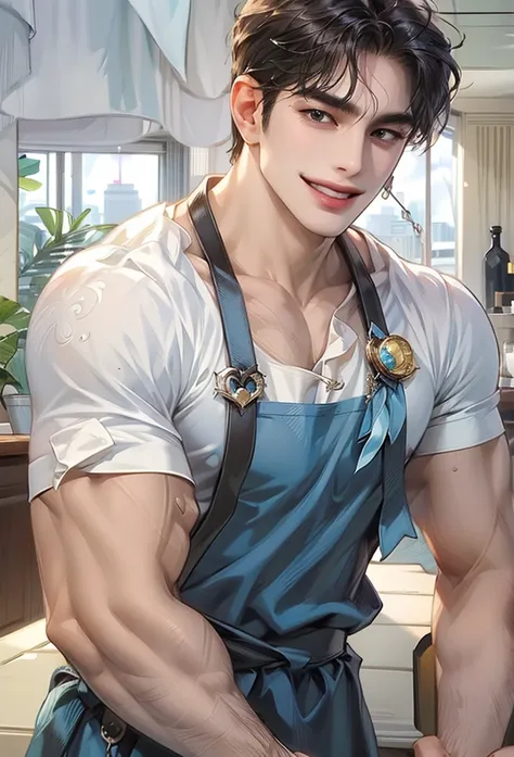 (high quality,high resolution,high detail,masterpiece:1.2), Delicate eyes and delicate face, 1 boy, 18 years old, handsome face, pure and cute face, Detailed face, white T-shirt, Blue apron, cute, Male focus, muscular, muscular male, Chest muscles, black s...