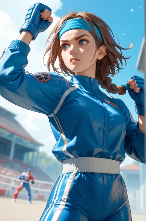 Female Fighter、 anatomically correct、 single braid、blue、Headband、 arm cover、Brown Hair、((blue fighting suit ))、gloves