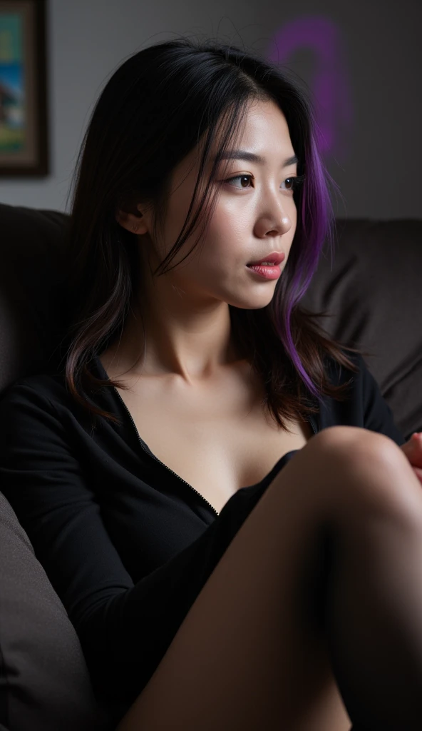  Attractive realistic Japanese human adult woman , big hips and huge breasts ,  super realistic , detailed, ela tem um rosto muito detailed, gothic girl, defined jaw,  she is wearing stylish Y2k clothes on her body,  very faint purple stripes in her hair  ...