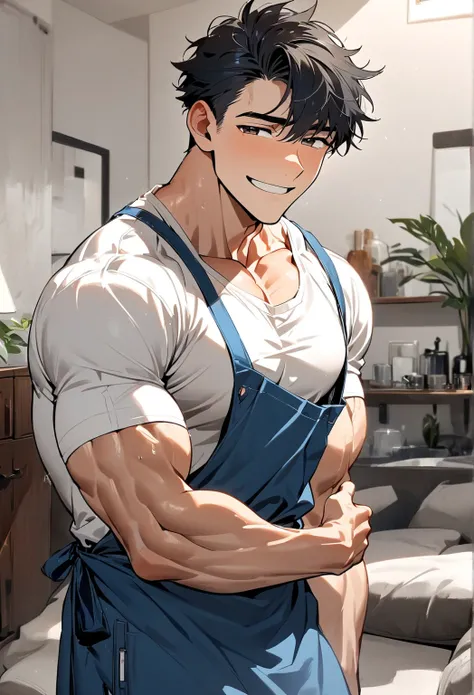 Handsome, solo, 1 boy, 20 years old, cute, short hair, black hair, brown eyes, white T-shirt and Blue apron, muscular, muscular boy, Chest muscles, living room, (sad smile)