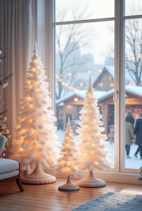 Dans une véranda trois ou quatre sapins blancs de noel. Behind the bay window ,  we can see a Christmas market scene.  The color white must dominate 