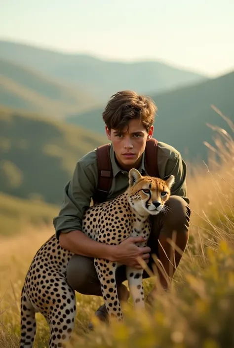 A young man holding a cheetah, crouched on a grassy hilltop, fierce determination in his eyes, soft afternoon sunlight, hyperrealistic textures, sharp focus on the subject, rolling hills blurred in the background, cinematic realism, high resolution --ar 9:...