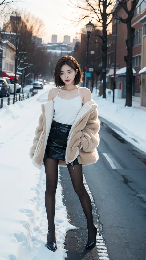 Best quality at best, 4K, 8K, Detailed faces,Full body photo，posing on a，Clear face, beautiful  Girl, Korean makeup, Redlip, laughingly, perfect bodies,Short shoulder-length hair,small,Long legs,Slim,thin, The girl wears a long and wide fur coat, Under the...