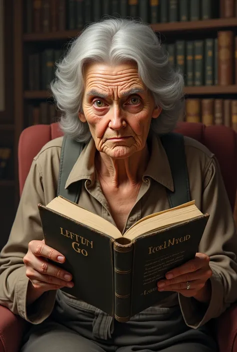  An old lady who reads a book  "Letting go "  She looks ahead with a disdainful look 