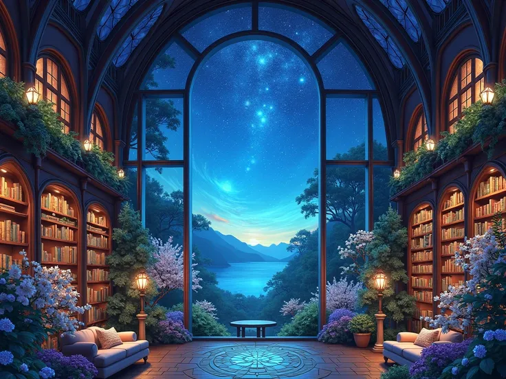 ((Best quality)), ((Masterpiece)), ((Ultra-detailed)), (illustration), (Detailed light),Magic Library,Flowers and trees高解像度,  stained glass 、Atrium、 starry sky 、Blue Butterfly、Library、Night Sky、 starry sky 
