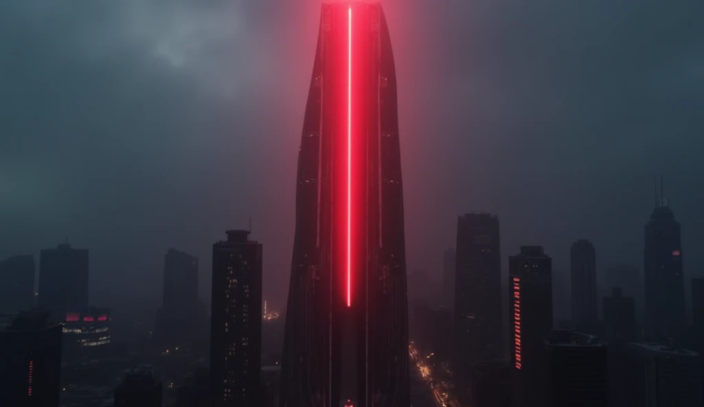 futuristic world trade center building type with red led light above, realistic, cinematic, dark weather, a lot of fogg around the building, shot from above the building