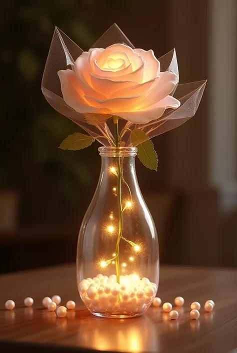 A glass vase on the table with one glass rose in cellophane and decorated with lights.With pearls on the bottom of the vase 