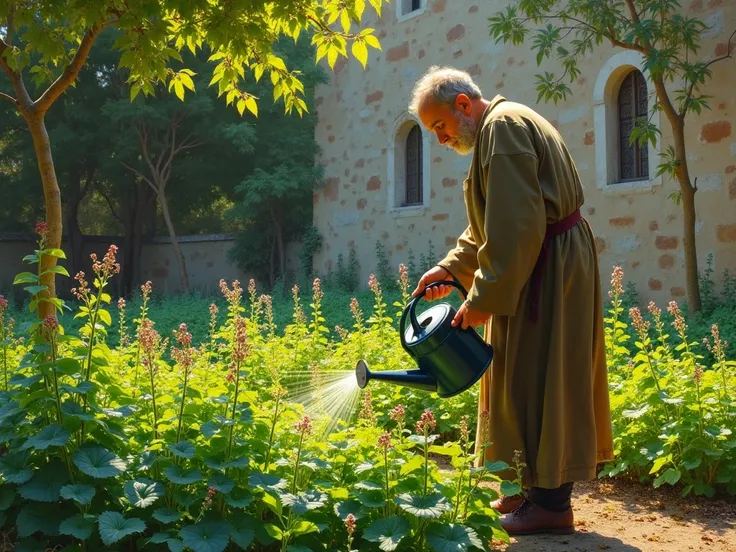 "Gregor Mendel watering his pea plants in a serene monastery garden. The artwork is painted in a vibrant, impressionist style, with bold, visible brushstrokes and rich, textured colors. Mendel, dressed in 19th-century simple robes, holds a watering can, ca...