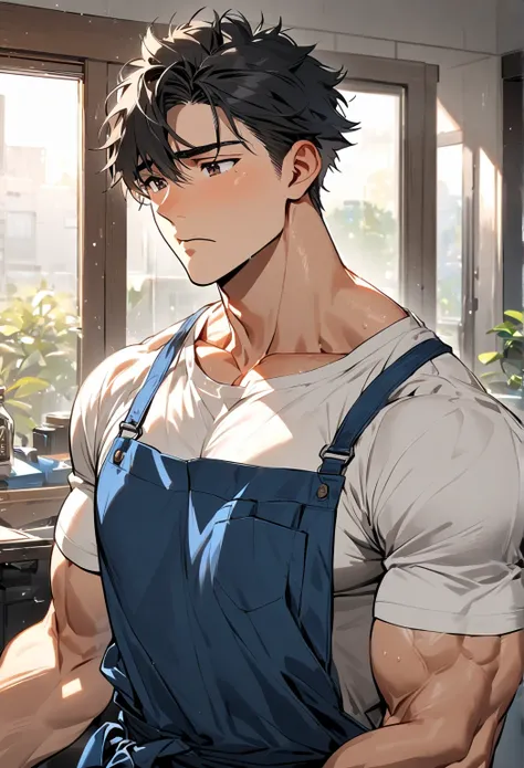 Handsome, solo, 1 boy, 20 years old, cute, short hair, black hair, brown eyes, white T-shirt and Blue apron, muscular, muscular boy, Chest muscles, living room, (sad)