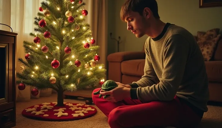  skinny long legs Man A short-haired guy unpacks a Soviet turtle toy under the Christmas tree he has red pants and a ussr sweater gray oval face panavison ussr 70s movie screen old lo-fi new year tree garlands Soviet apartment film effect bad Soviet apartm...