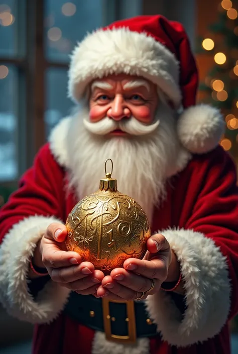  Santa Claus holding a Christmas tree ornament in his hands.  There is an Aynur inscription on the ornament. Realistic