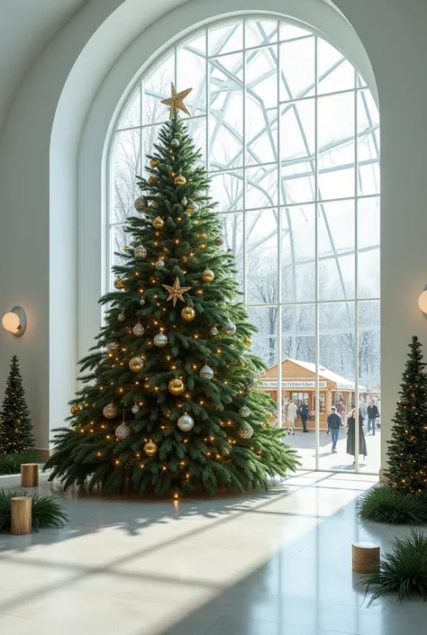 Dans une véranda aux lignes sobres et design se dresse un magnifique sapin de noel. Dehors, on apercoit un marché de noel avec des enfants. La couleur blanche domine