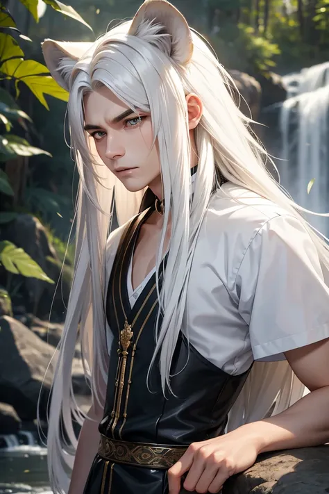 Long hair, White hair,  lion ear, Canine teeth, Emotionless face, Seductive expression,  Side Corner, Blurred,  High Resolution ,  masterpiece, , young man, handsome, waterfall,  Nature,ตาสีทอง,  ไม่ใส่เสื้อ, 