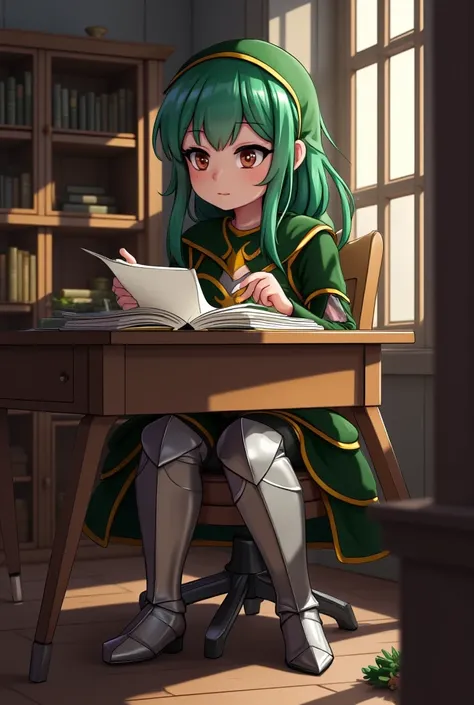 1girl, sitting in a desk, studying, armored boots