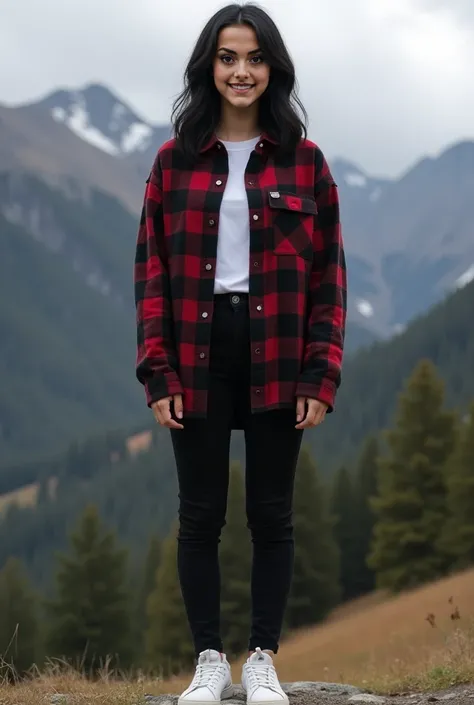 Real human photo, Fika is a 25 years old woman,.medium tall body,  shoulder length   wavy  black hair and fair skin. She has well-defined eyebrows, large black eyes, and a neutral expression on her face.  Wearing black red flannel , black pant, white shoes...