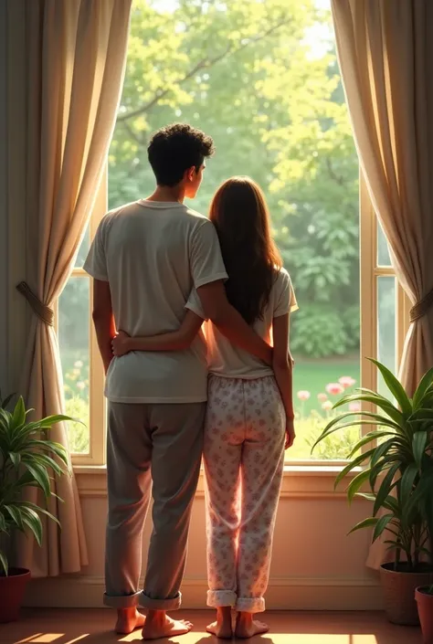 A beautiful lady standing infront the window . Watching the garden. Her boy friend close to her and behind to her. She wearing a pijama trouser and t shirt.