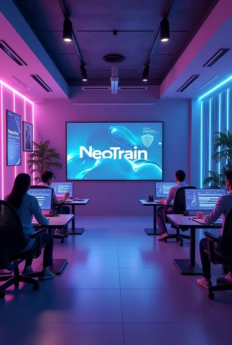  create an image of a product that my artificial intelligence company offers ,  is a training called neotrain ,  that will maximize the value of our solutions ,  with purple and blue images ,  with details of robots and rooms with the name Neomind which is...