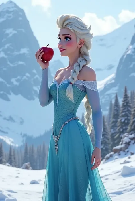 Muscular elsa eating apple infront of viewers in snow place 