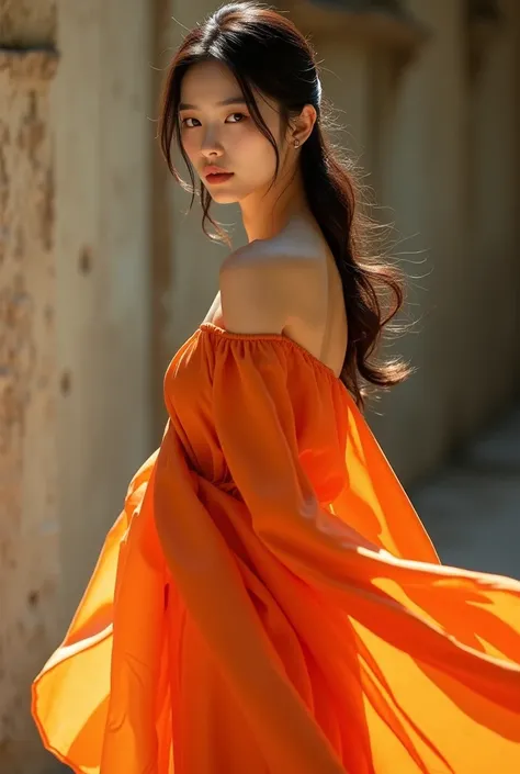 Full-length portrait of a jet-black-haired Korean woman with intense eyes and a serene expression, dressed in an orange silk dress that flows gracefully around her body, creating a striking contrast. The lighting is soft and diffused, accentuating the text...