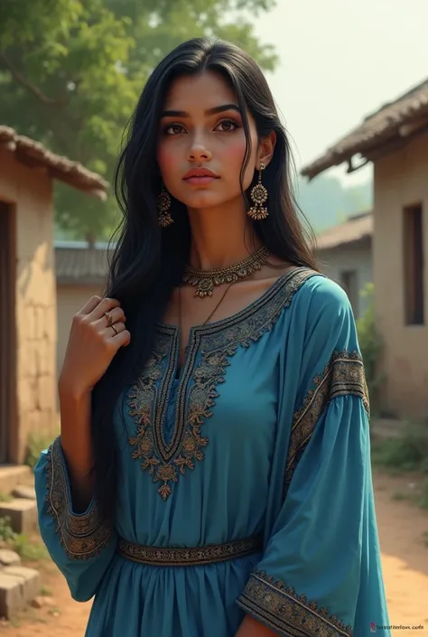 Makes my girlfriend image
eye black
nose medium sized
hair black and long 
lip a little bit thik 
face shape  oval a little bit fat face not much
dress kurti suruwal indian village style dress colour blue back ground indian village