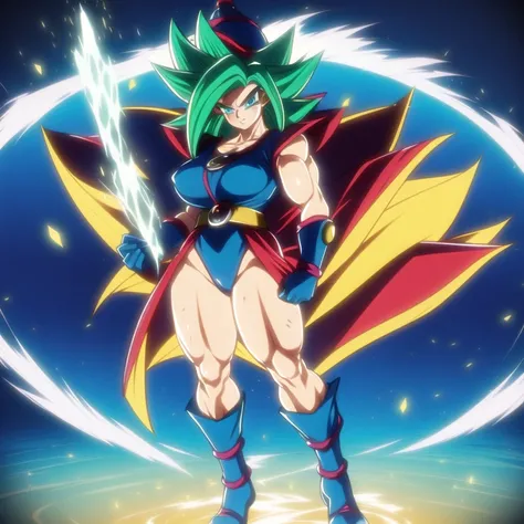 dbsuper style, 
Girl, green aura, super saiyan aura, belt, ocean-green colored hair, huge hair, bruise, bruise on face, clenched hands, frown, Mages hat, gloves, blue eyes, grey gloves, evil grin, medium breasts, huge muscular, solo, spiked hair, super sai...