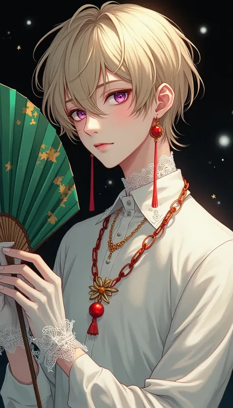  Digital art manhwa anime 2d oil painting, an androgynous young male boy (rosy skin, narrow eyes with raised and curved ends, light violet eyes, sparkling eyes, hair almost blond ashy hazelnut, long hair falling off his shoulders, slim, red long earring, w...