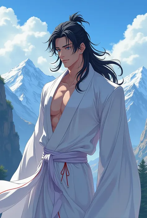 A handsome man with some mountains behind him ,  with long black hair ,  blue eyes,  long white clothes with a red thread all over his muscular body, but not so much,  his hair to the side moving like anime Manhua bl 