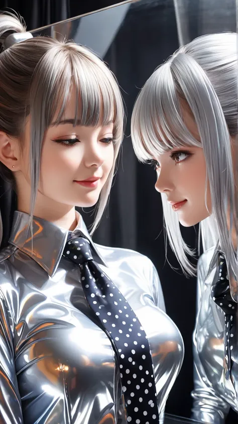 2 girls, Buttoned in extremely tight shiny silver latex blouse with polka dot pattern, Necktie, shiny hair, Lens reflection, Reflected light,  ponytail, Bangs, portrait, Breasts,  seductive smile , Facing each other, 