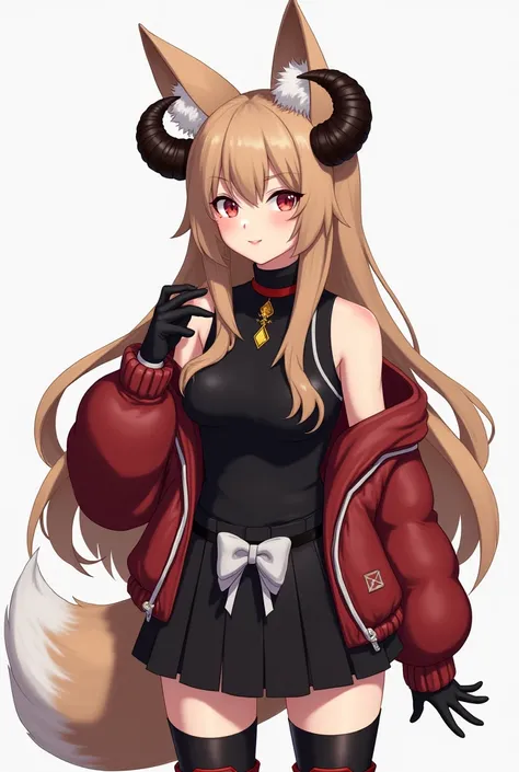 Create a person with long spiky hair and dropped fox ears light brown color, with dark brown horns, a sleevless black turtleneck, black gloves in the arms that ends around the middle finger with yellow rings, a red puffy jacket with white details, a black ...