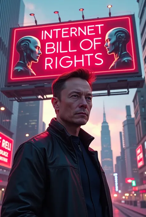 Elon Musk standing in front of a 3D Billboard in Alpha City of A Humanoid Male Robot with his face that reads Internet Bill of Rights in red neon and Alpha City in the year 2035 background movie poster style 