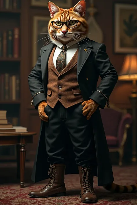 a big cat wearing a tie,boots and eye glass