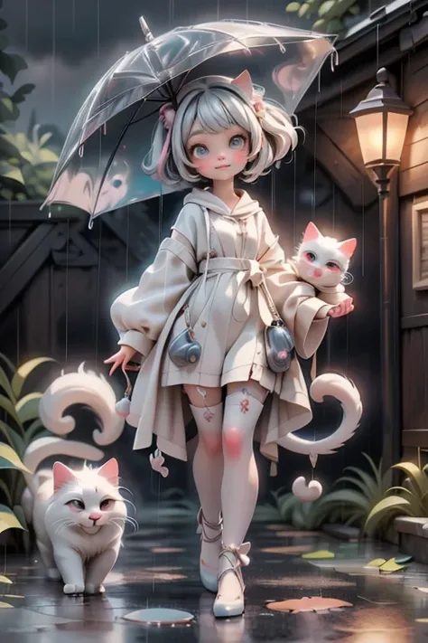 ankle strap flats, white hosiery, 1cute girl smiling, walking in the rain, night scene, magical colourful rain, fantasy art style, no cats, no pets
