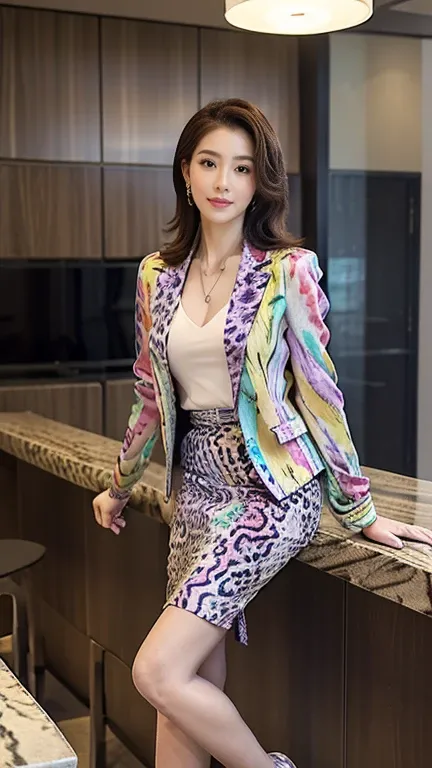 ((masterpiece)),(( best quality))、tall and slim 、(Full Body Portrait)，(One Mature Woman)、(Wear a colorful animal print blazer jacket and a colorful animal print long skirt:1.3)、(Silk Pantyhose)、 high heels、 Model Pose ，Modern architecture in the background...