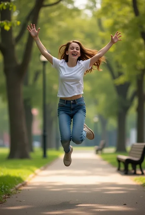 a person jumping off a bench with their legs together 