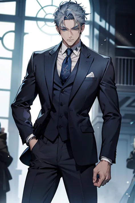 knee shot, man, 35 years old, mature man,, handsome, short gray blue hair, blue eyes, black suit, fierce, standing