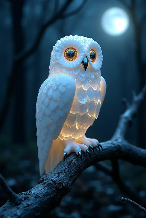 A mystical owl carved from luminous pearls ,  perched on a branch of polished silver under a starry sky.  Its pearl feathers shine with soft, opalescent tones ,  and its round eyes are encrusted with mother of pearl .  The background is a dark forest illum...