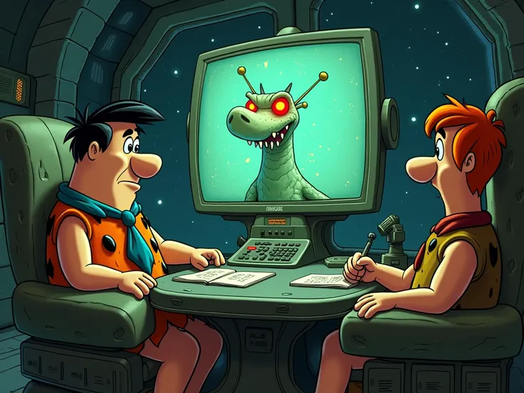 A menacing alien resembling a giant pterodactyl with antennas and glowing red eyes appears on a monitor inside the stone spaceship. The aliens appearance is both threatening and cartoonish, surrounded by cosmic light effects. Fred Flintstone looks smug in ...