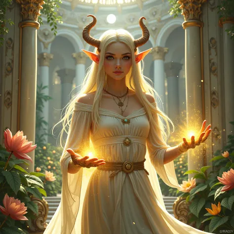 until,  digital illustration ,  highly detailed ,  tongue ,  an unrealistic illustration ,  digital painting ;  an elf gardener with pale skin ,  with a pair of elegant and curved horns your head ,  displays a robust and imposing appearance ,  but with a s...